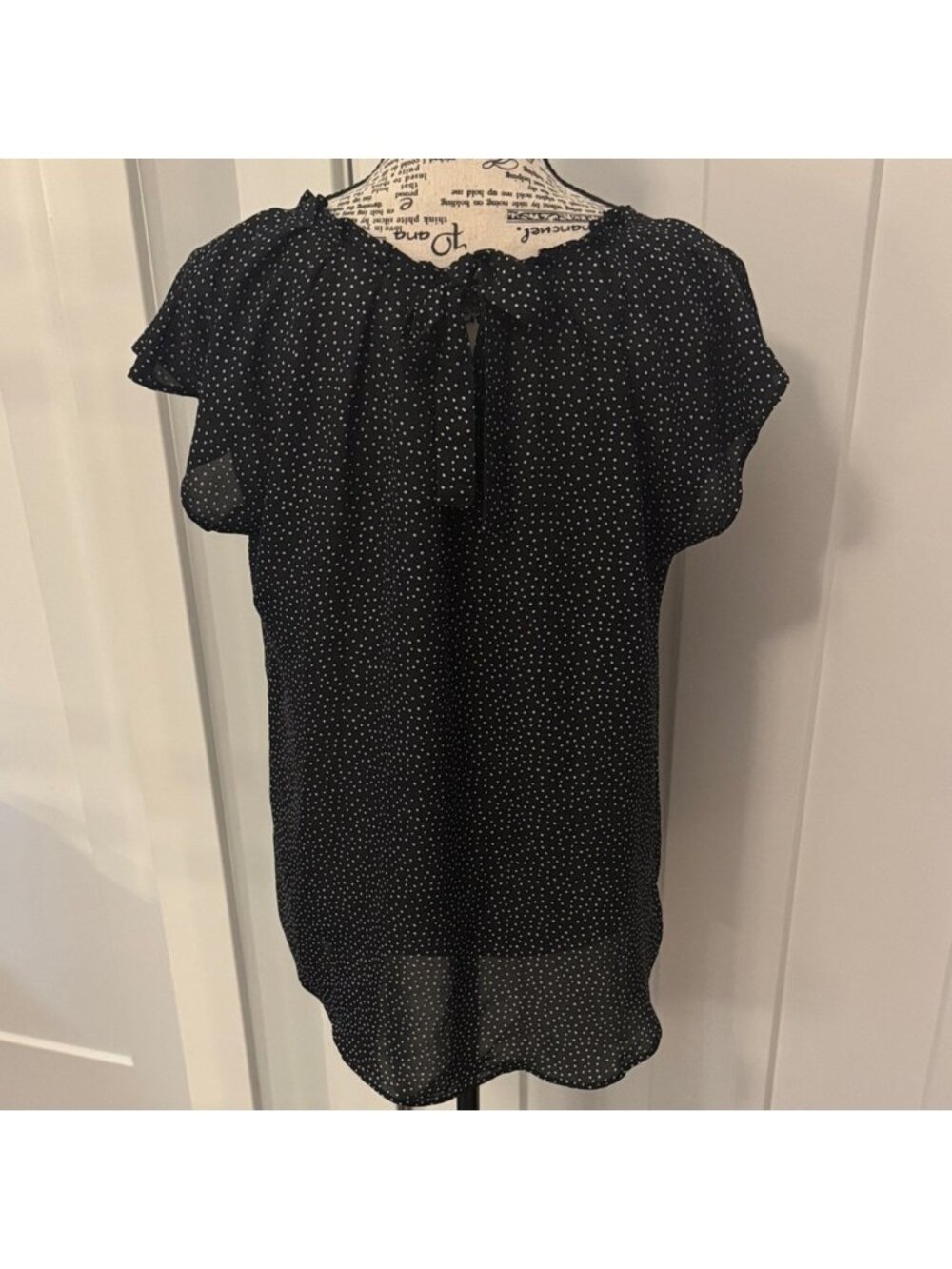 Black with White Polka Dot Flutter Sleeve Blouse - Picture 2 of 2
